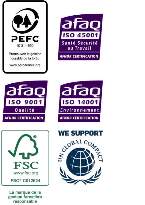 Leborgne a de multiples certifications : PEFC, FSC®, Global Compact, ISO 9001, ISO 14001 et ISO 45001