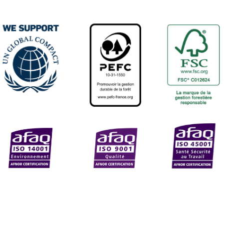 Leborgne a de multiples certifications : PEFC, FSC®, Global Compact, ISO 9001, ISO 14001 et ISO 45001
